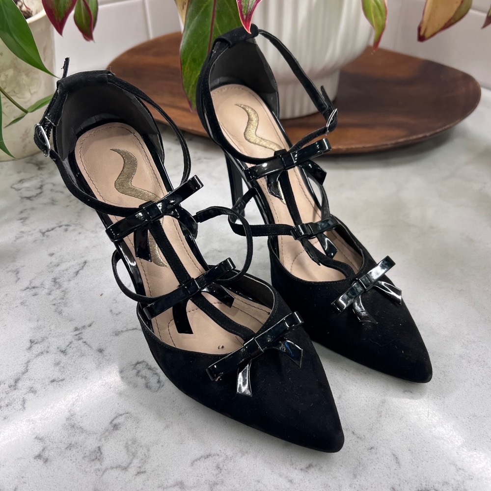Nina Womens Black Suede Patent Bow T-Strap Pointed Toe Stiletto Pumps Size 6M
